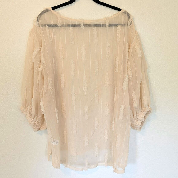 Oddi Cream Beige Linen Like Textured Weave Balloon Sleeve Blouse Size XL Beachy - Picture 2 of 8